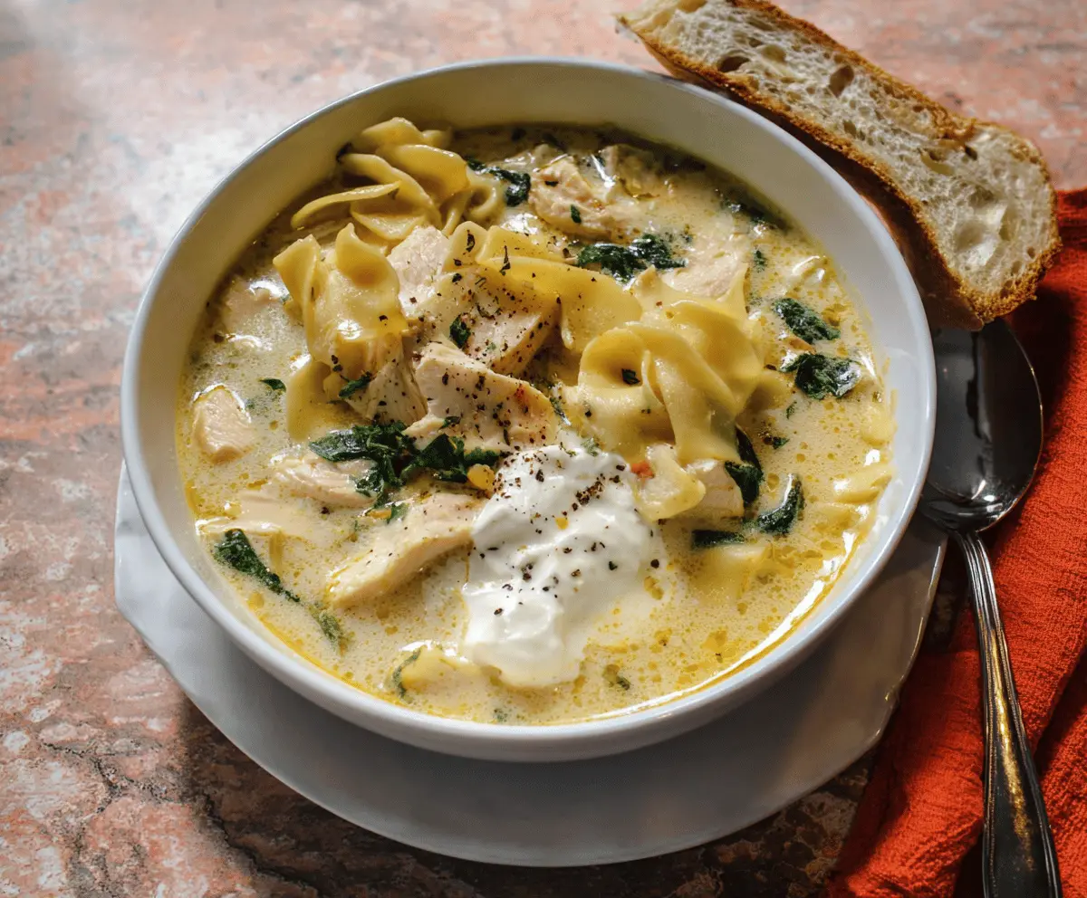 Creamy White Chicken Lasagna Soup with shredded chicken, melted cheese, and fresh herbs in a flavorful broth, served in a bowl.