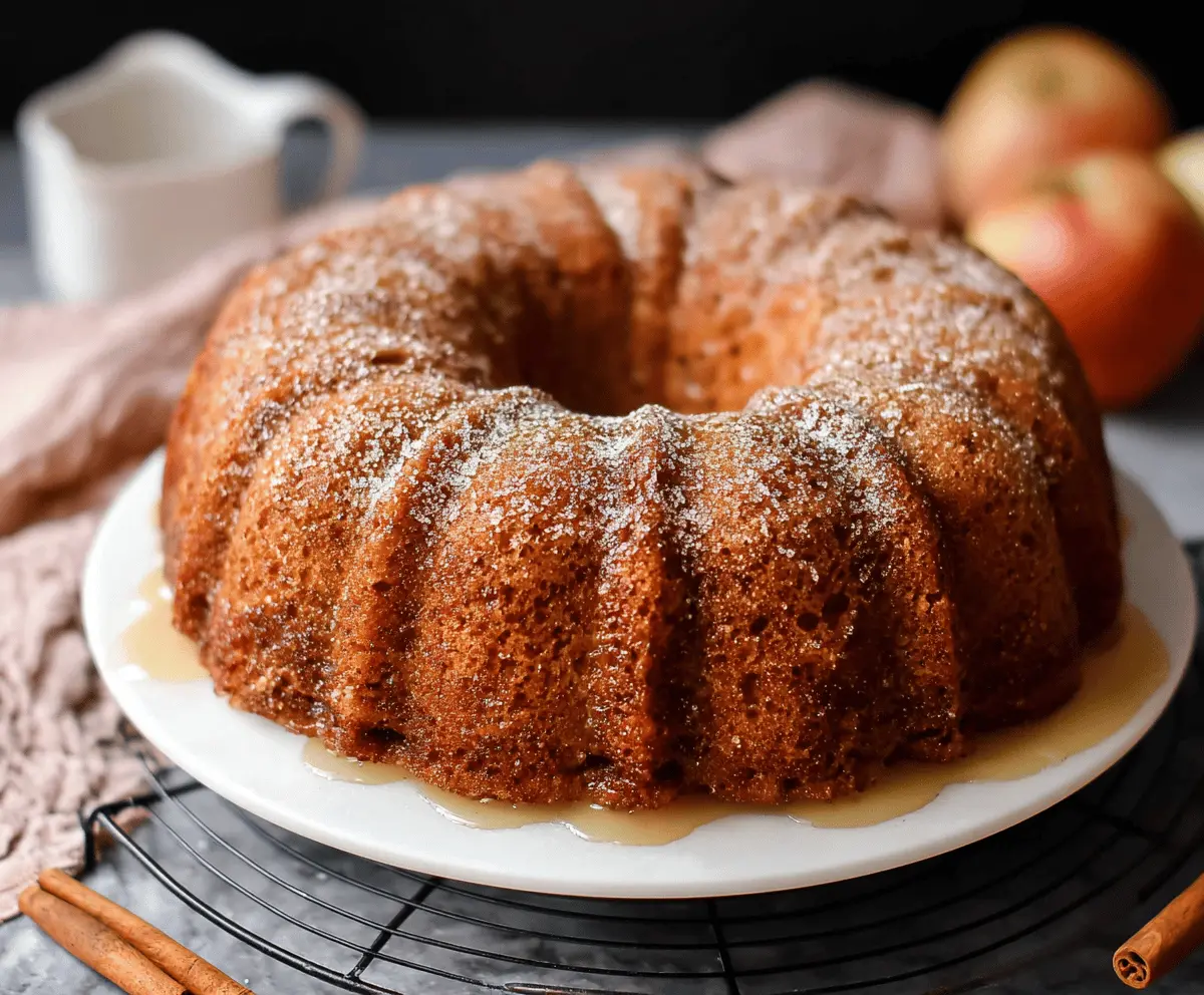 Delicious Apple Cider Bundt Cake with a golden-brown crust and apple slices on top.