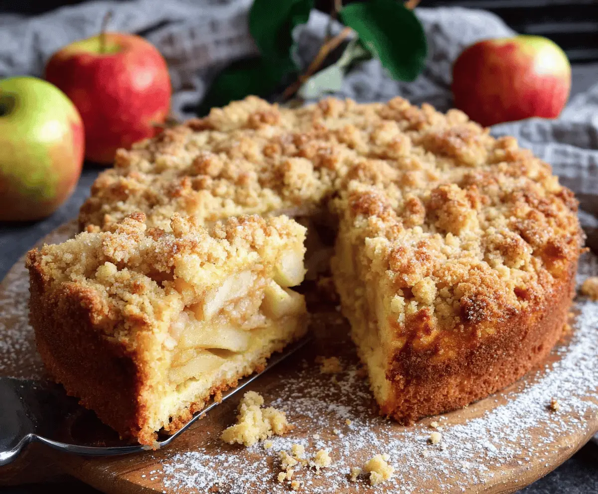 Delicious homemade apple streusel cake with a golden crumb topping and fresh apple slices