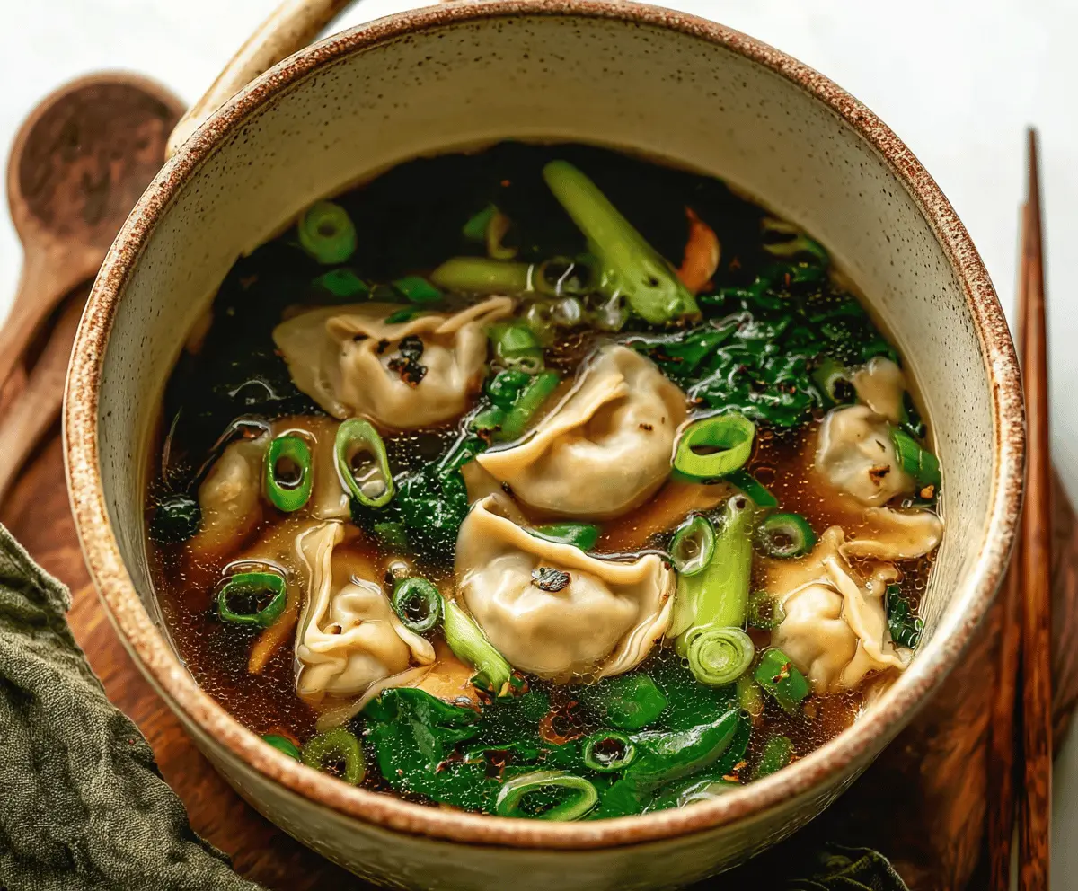 Savory Asian Dumpling Potsticker Soup with fresh greens and aromatic broth in a bowl