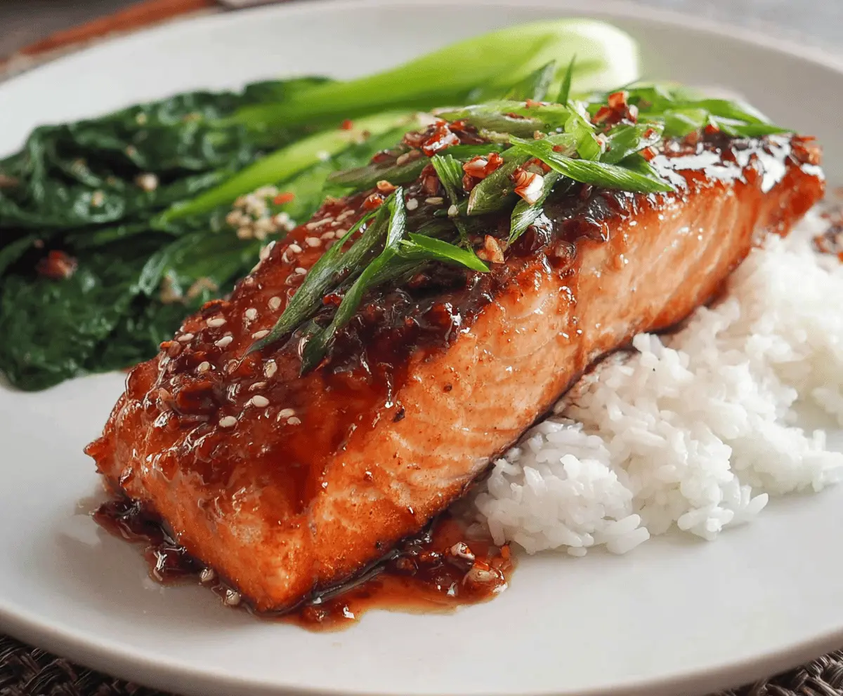 Delicious Asian glazed salmon fillet topped with sesame seeds and green onions, served with steamed vegetables on a white plate