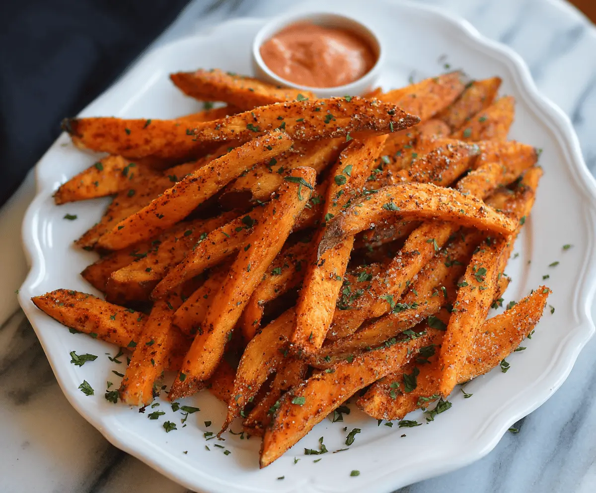 Golden baked sweet potato fries on a white plate, crispy and seasoned, perfect as a healthy snack or side dish.