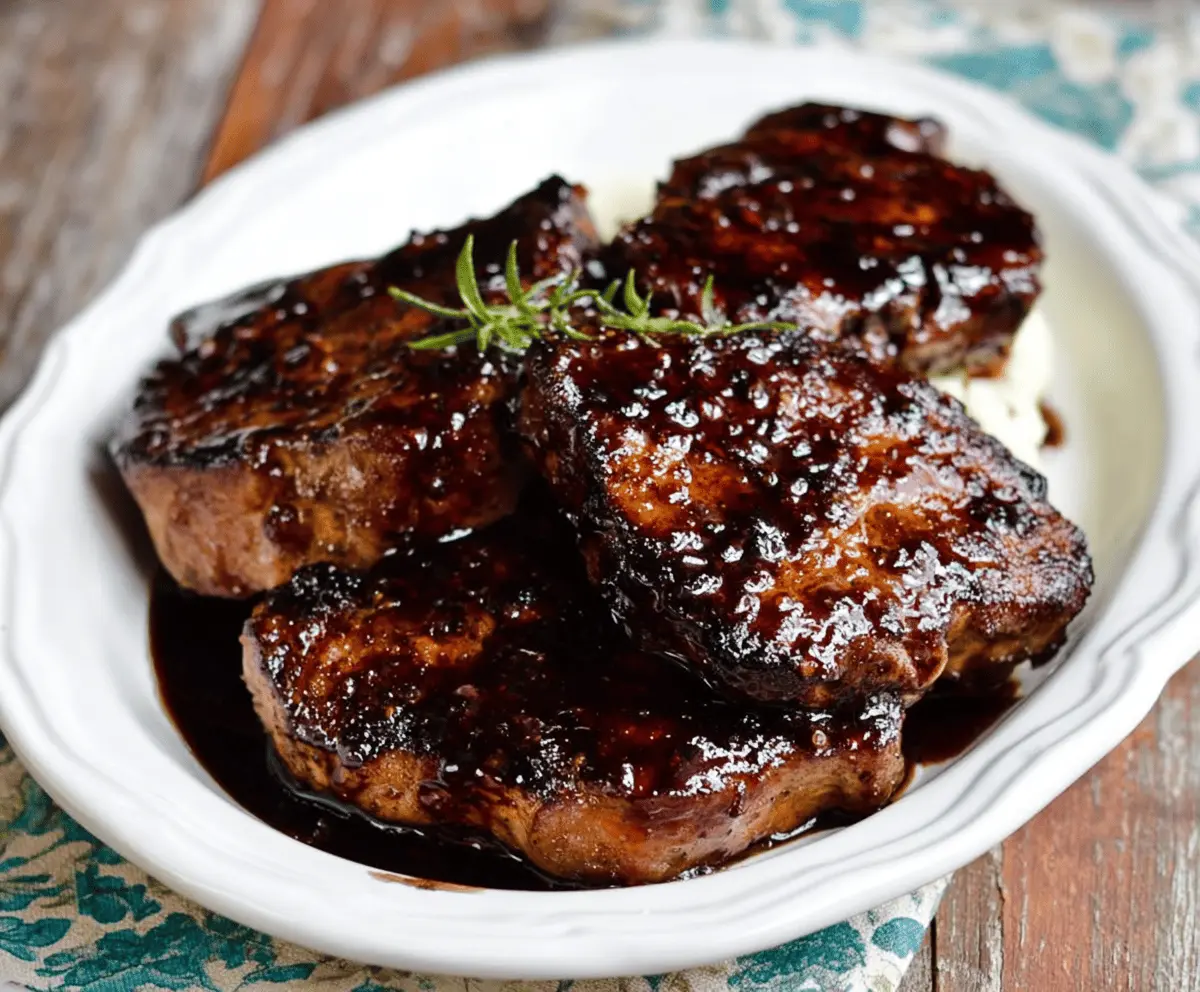 Juicy pork chops glazed with rich balsamic reduction served on a plate, garnished with fresh herbs for a flavorful Balsamic Glazed Pork Chops recipe