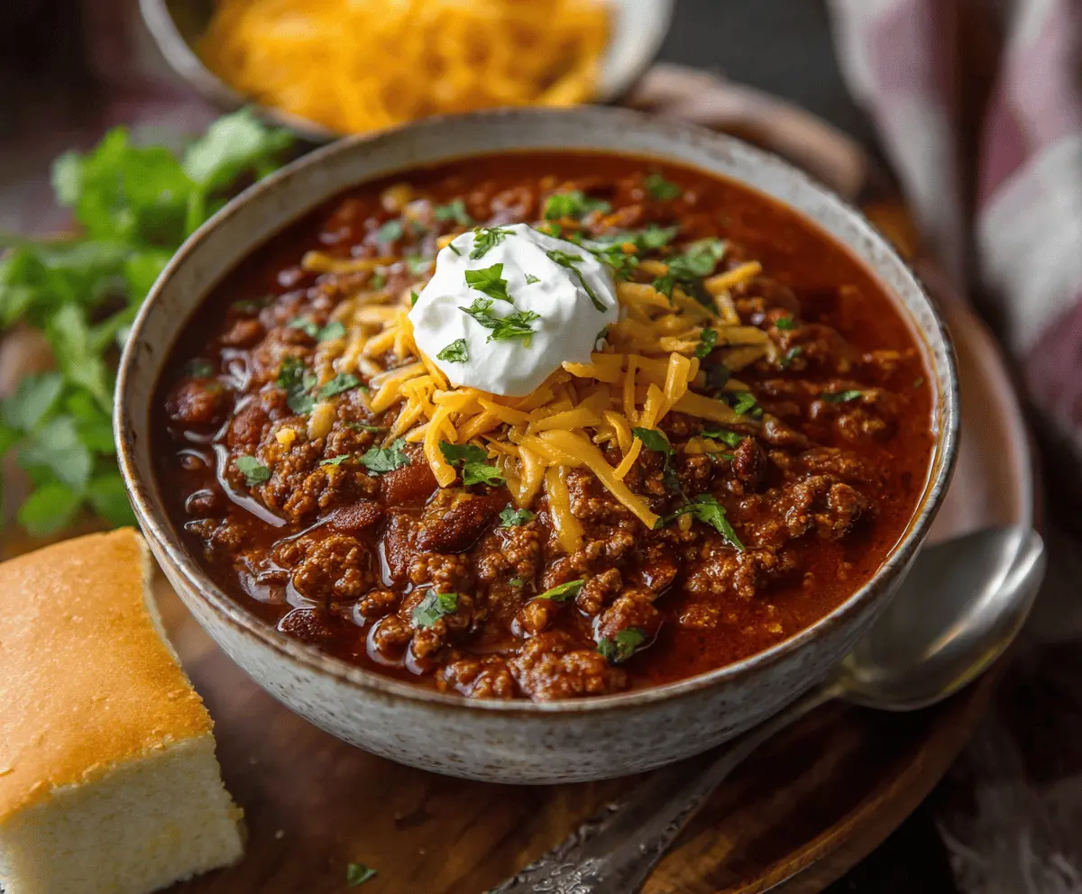 Hearty beer chili in a bowl with beef, beans, and spices, garnished with fresh herbs, perfect for a comforting meal.