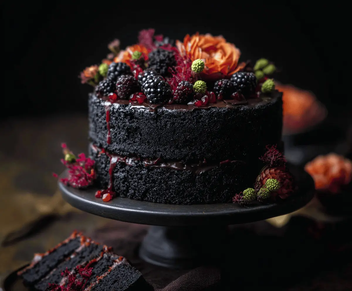 Rich Black Velvet Halloween Cake topped with spooky spider decorations and vibrant orange icing, perfect for Halloween celebrations.