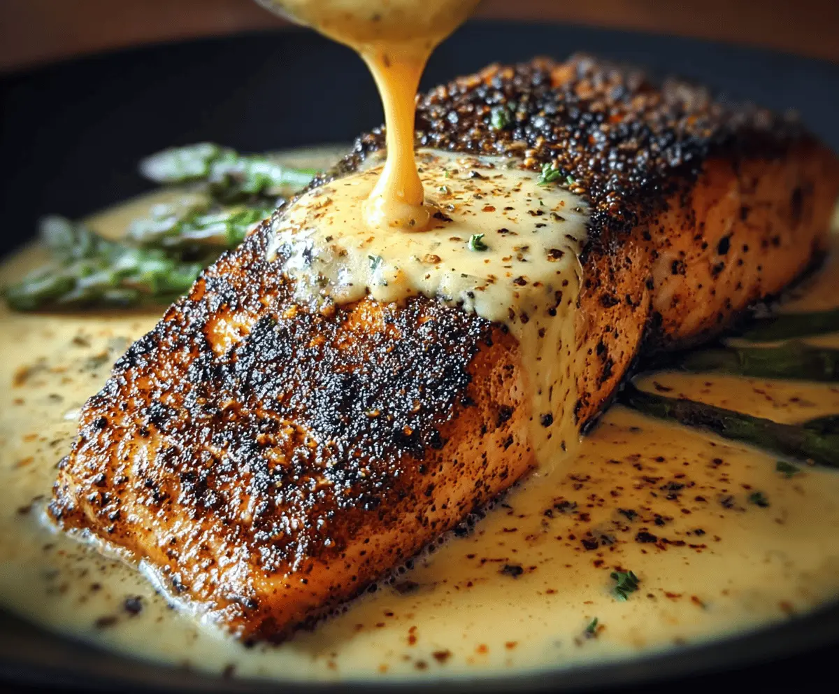 Delicious blackened salmon fillet topped with creamy Dijon sauce served on a plate, garnished with herbs for a flavorful seafood dish.