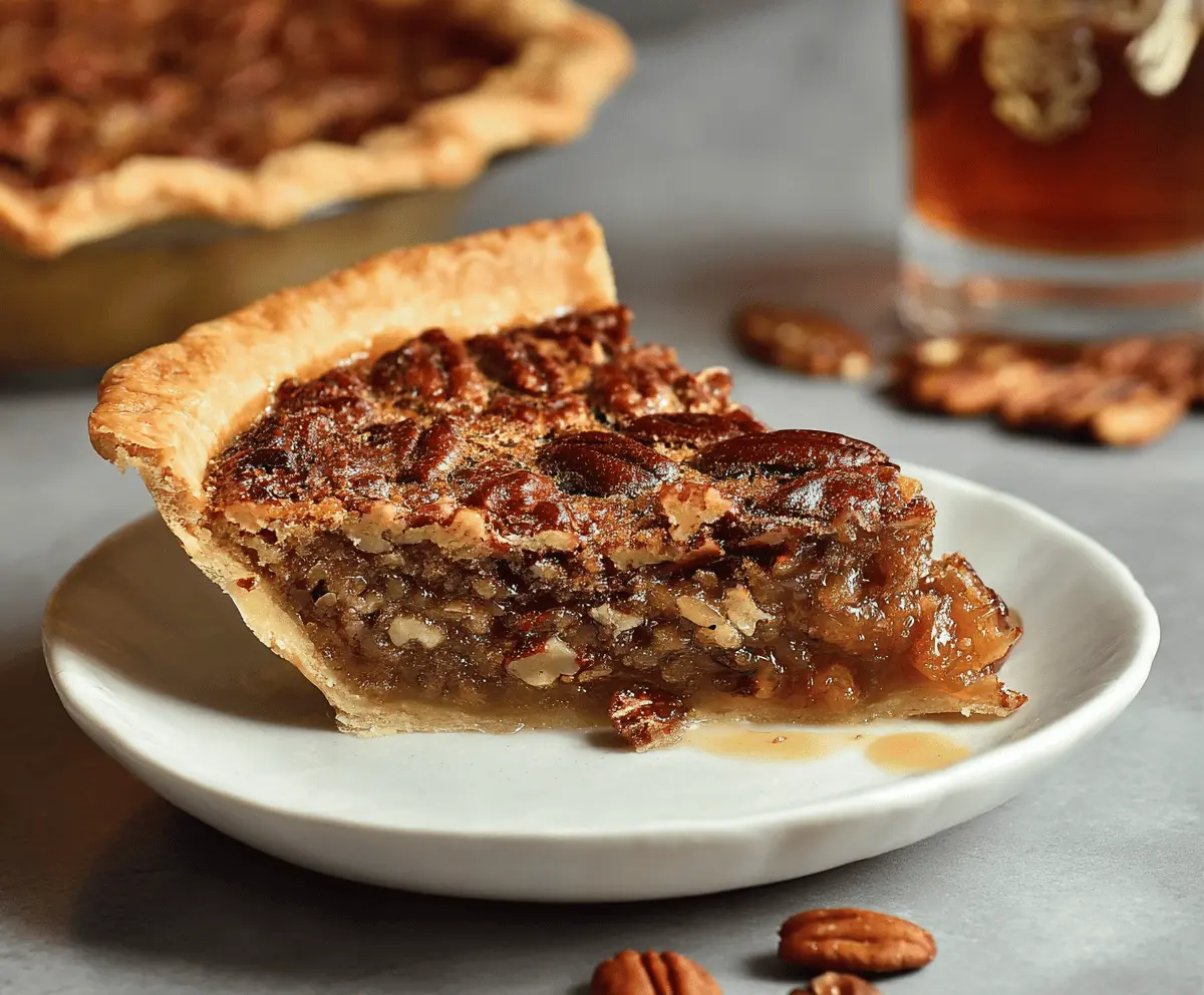 Delicious homemade Bourbon Pecan Pie topped with toasted pecans and a golden crust, perfect for dessert or special occasions.