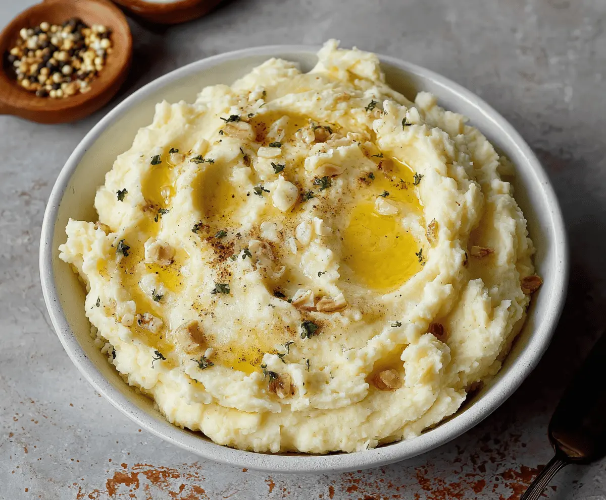 Creamy brown butter garlic mashed potatoes topped with fresh herbs, perfect for a comforting side dish