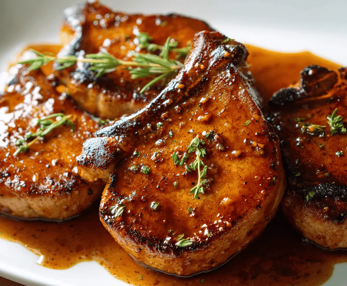 Juicy brown sugar glazed pork chops garnished with fresh herbs on a rustic wooden table, perfect for a flavorful dinner recipe.