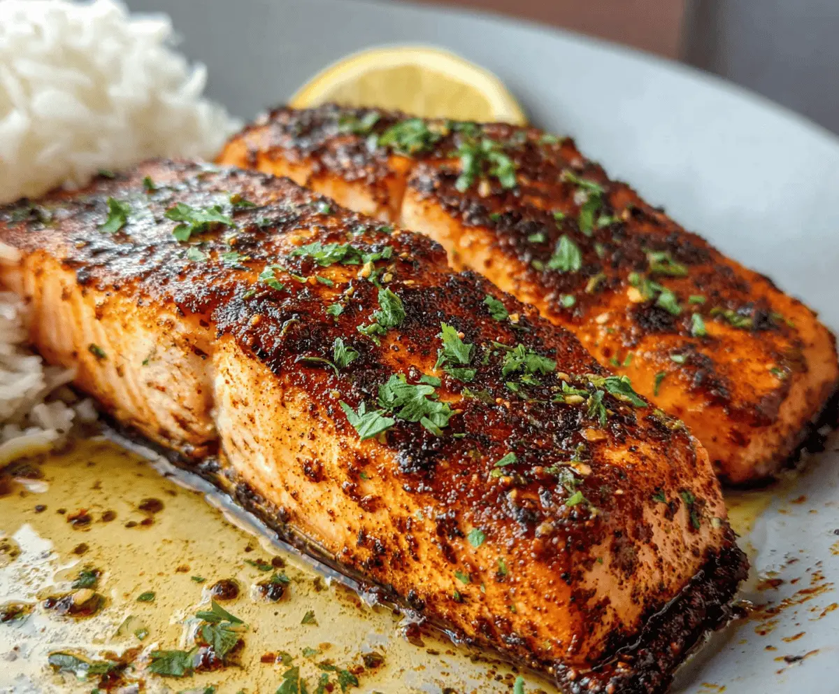 Delicious Cajun Honey Butter Salmon fillet garnished with fresh herbs, served on a plate with lemon wedges, perfect for a flavorful seafood dinner.