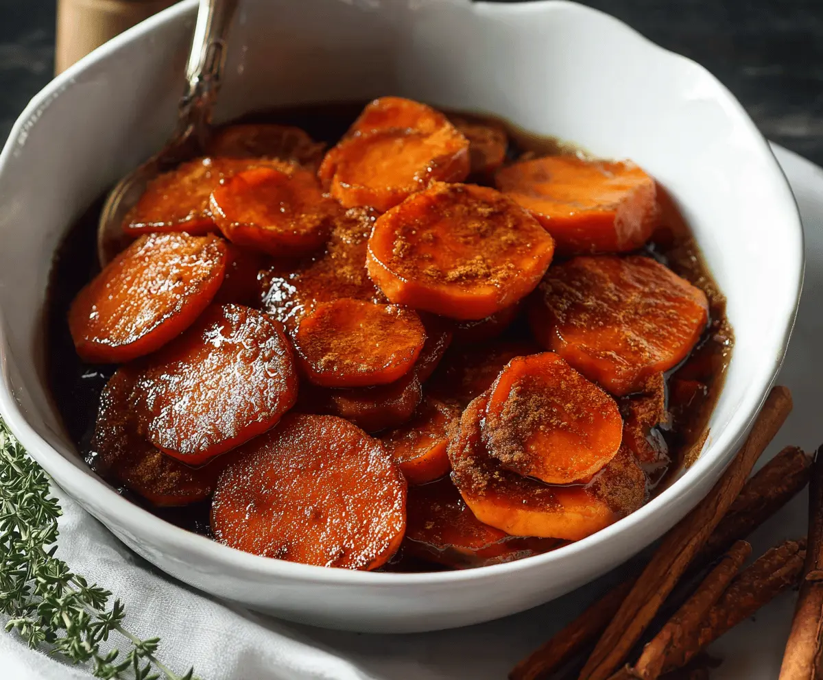 Sweet and savory candied yams glazed with caramel and brown sugar on a festive plate