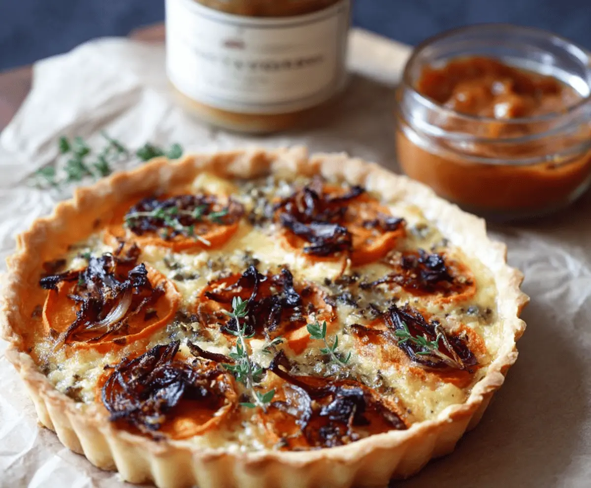 Delicious caramelized onion and sweet potato tart on a rustic serving platter.