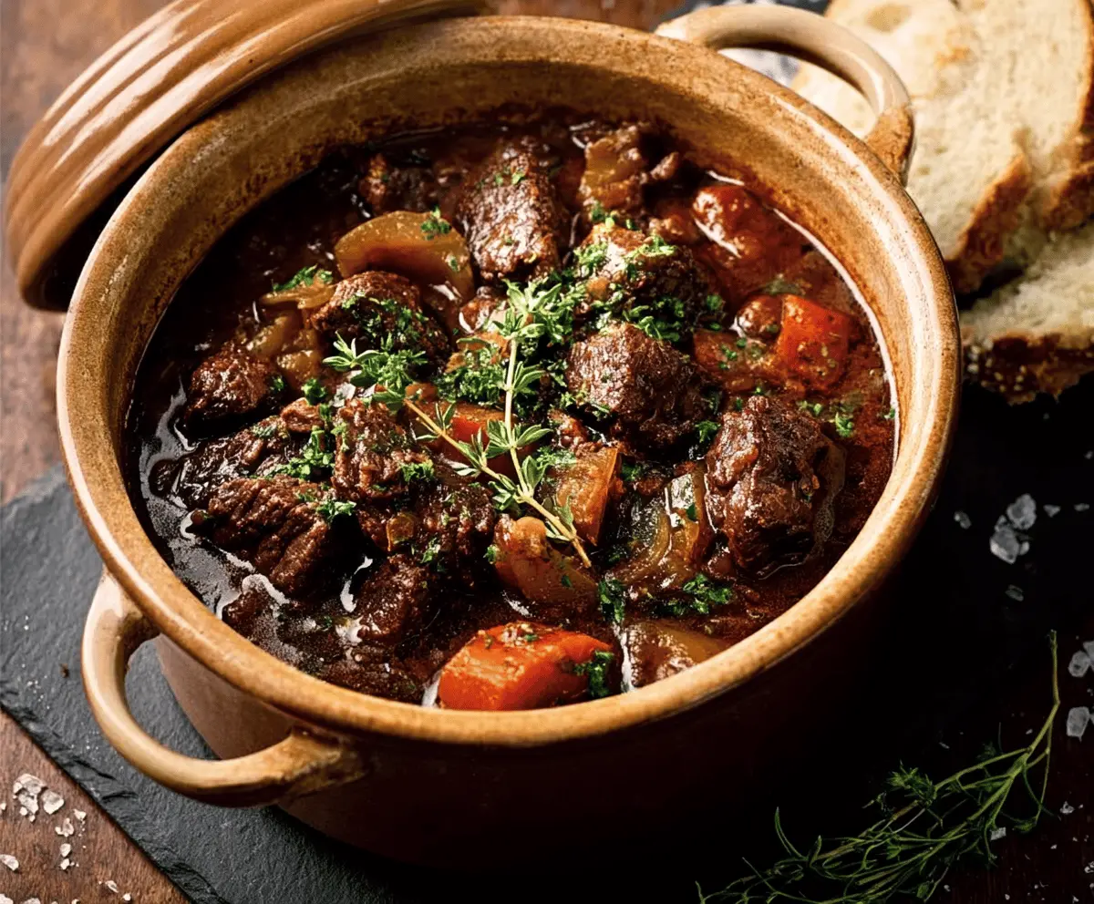 A delicious plate of traditional Belgian Carbonnade Flamande featuring tender beef stew in rich, dark beer sauce, garnished with fresh herbs and served with crusty bread.