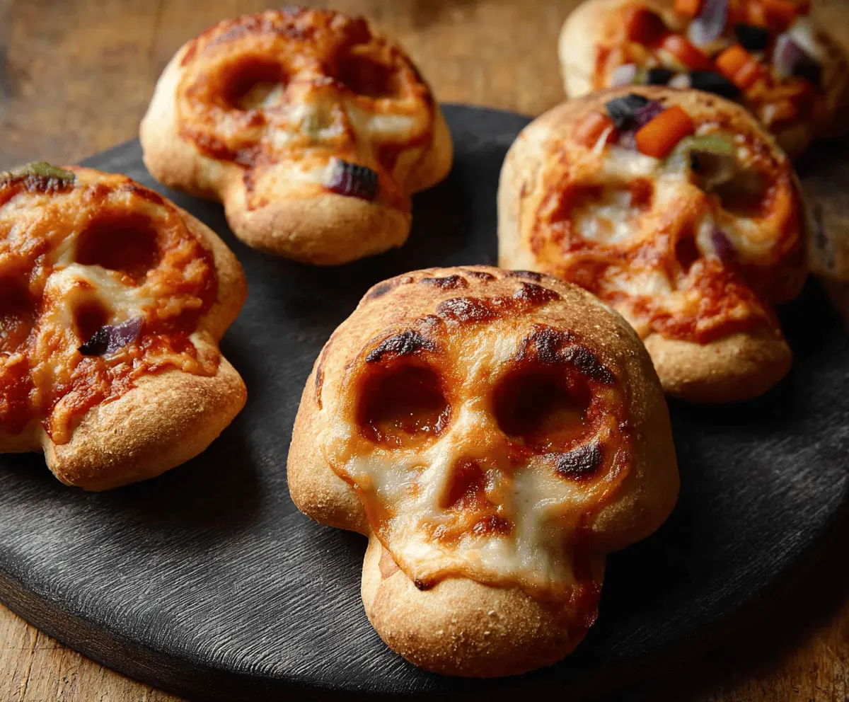Delicious Cheesy Halloween Pizza Skulls with melted cheese and spooky face designs, perfect for a Halloween party snack.