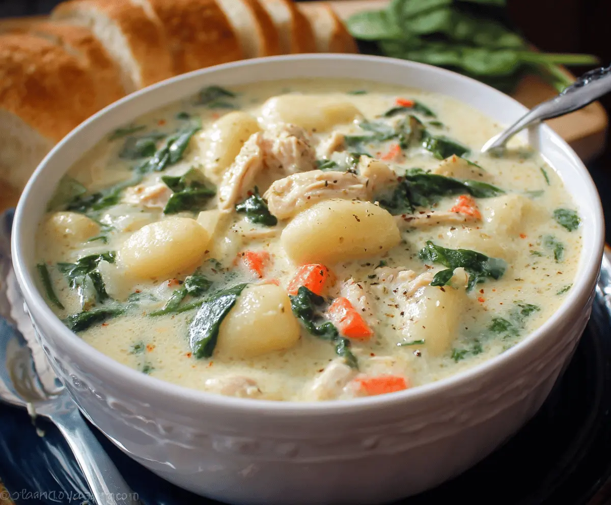 Creamy Chicken Gnocchi Soup with tender chicken, soft gnocchi, and fresh vegetables in a savory broth, perfect for a cozy meal.