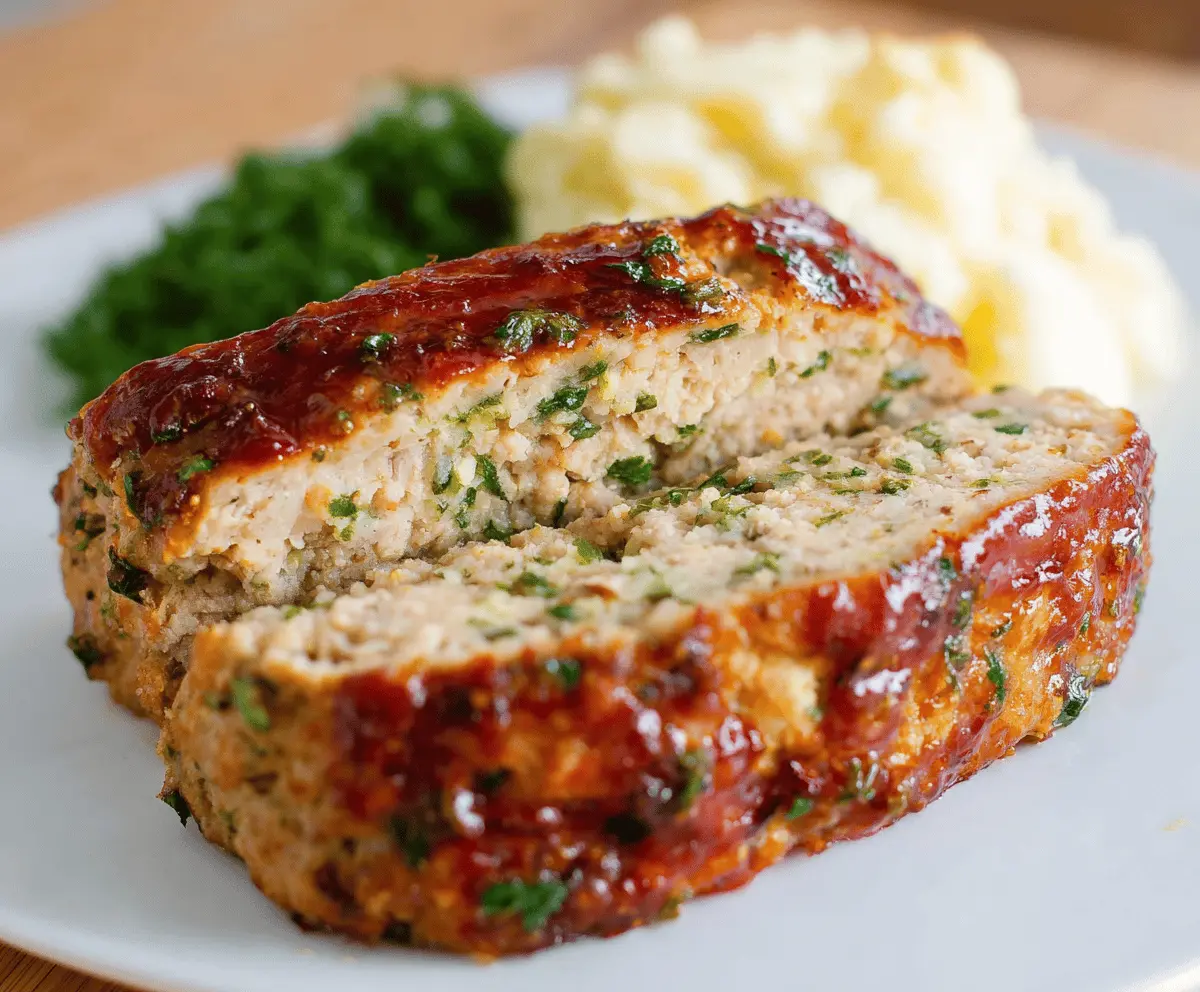 Juicy homemade chicken meatloaf served with fresh herbs and vegetables on a white plate.