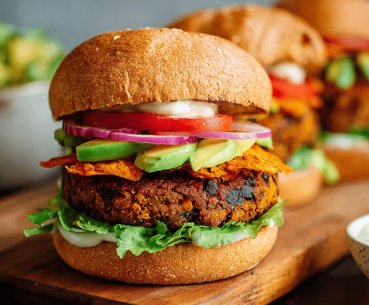 Delicious Chipotle Black Bean Sweet Potato Burgers topped with fresh vegetables and served on a bun, perfect for a healthy and flavorful vegetarian meal.