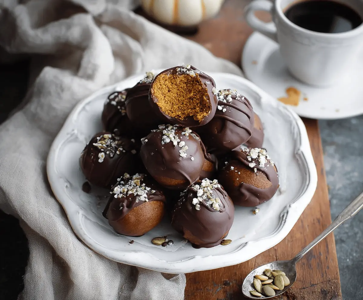 Delicious chocolate-covered pumpkin protein balls on a white plate, healthy snack with natural ingredients, perfect for fall treats and high-protein energy bites