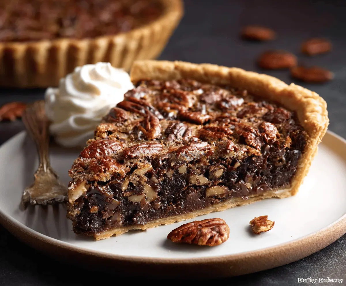 Delicious homemade chocolate pecan pie with a golden crust topped with melted chocolate and crunchy pecans, perfect for dessert.