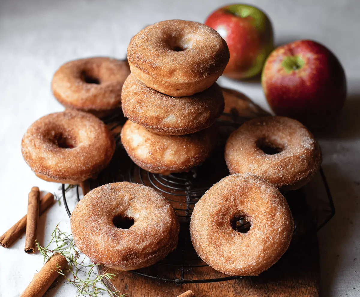 Fresh homemade cinnamon apple donuts topped with cinnamon sugar, featuring sliced apples and a crispy golden exterior.