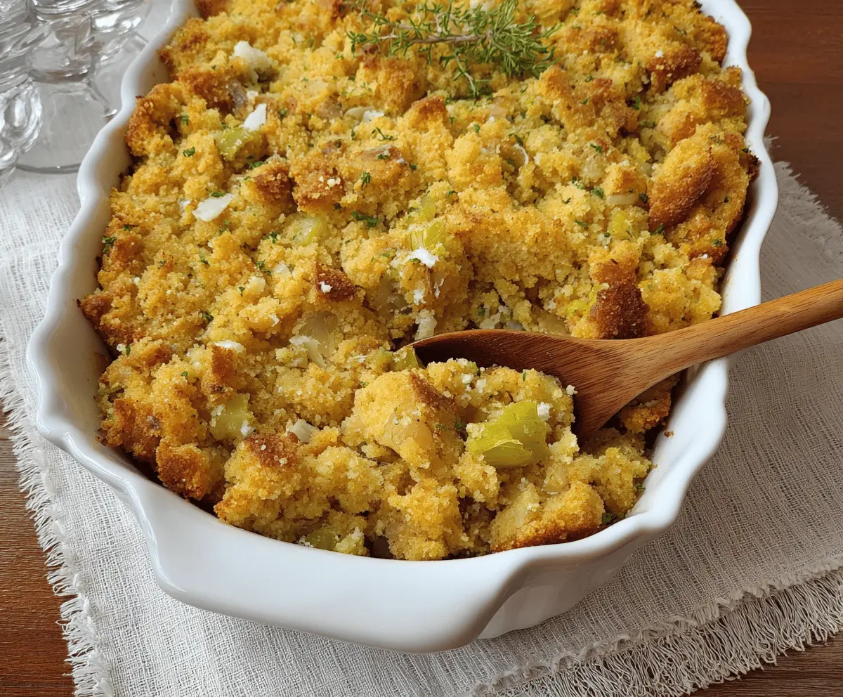Delicious homemade cornbread dressing served in a rustic bowl for a comforting holiday meal.