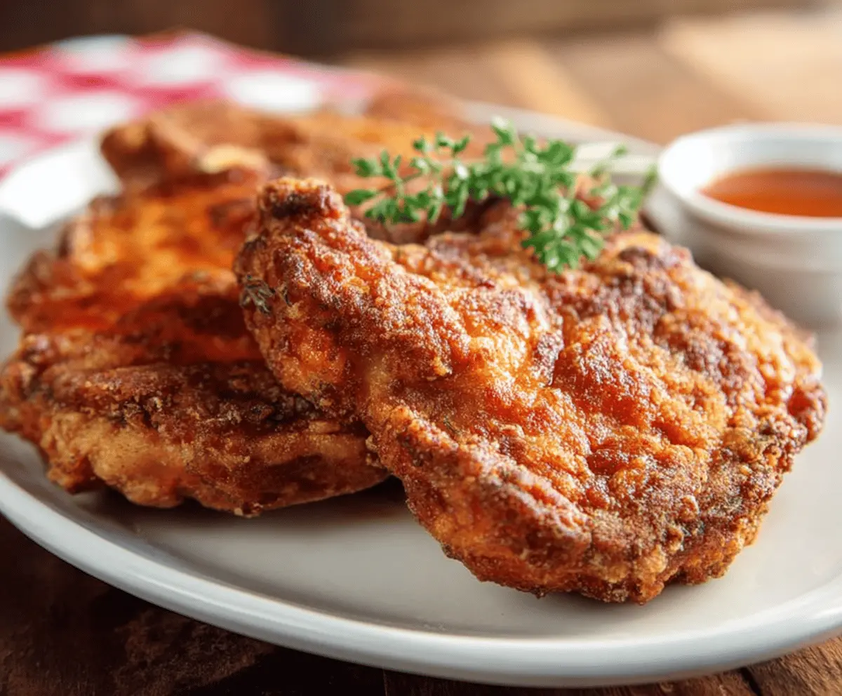Juicy country fried pork chops crispy golden-brown coating served on a rustic plate, perfect for a comforting homemade meal