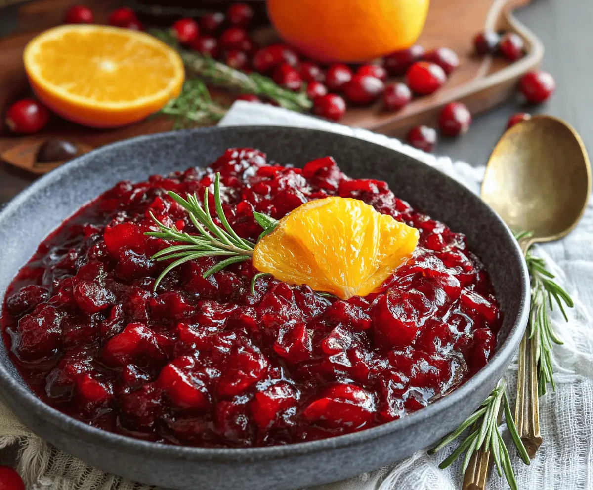 Close-up of homemade cranberry orange sauce in a glass bowl, highlighting fresh cranberries and orange zest.