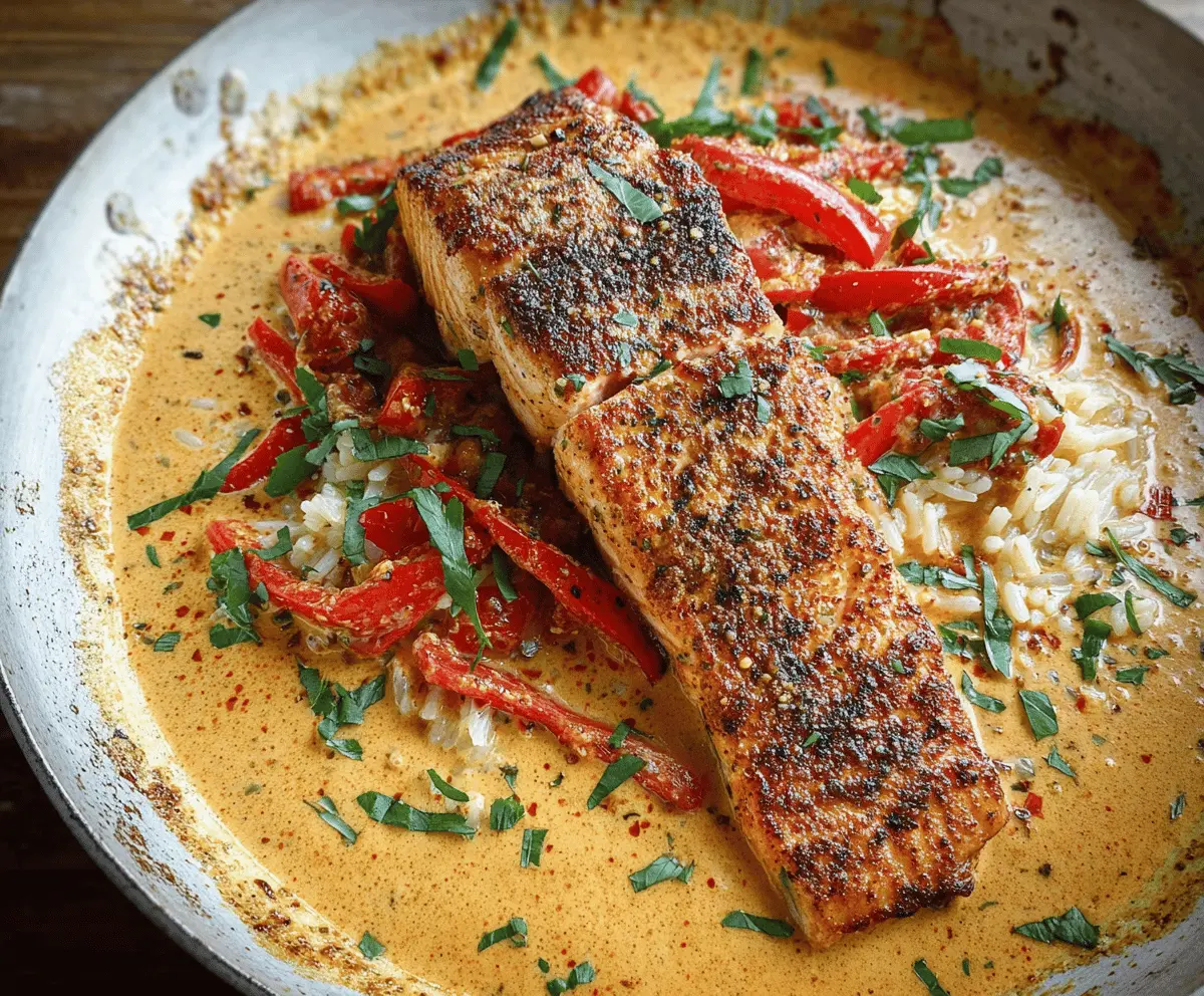 Creamy Cajun Pepper Salmon served with fresh herbs and lemon wedges on a white plate