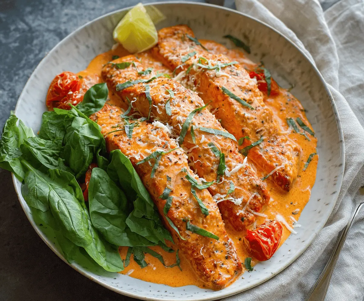 Creamy roasted red pepper salmon fillet served on a white plate with fresh herbs and lemon wedges, highlighting a delicious and healthy seafood dish
