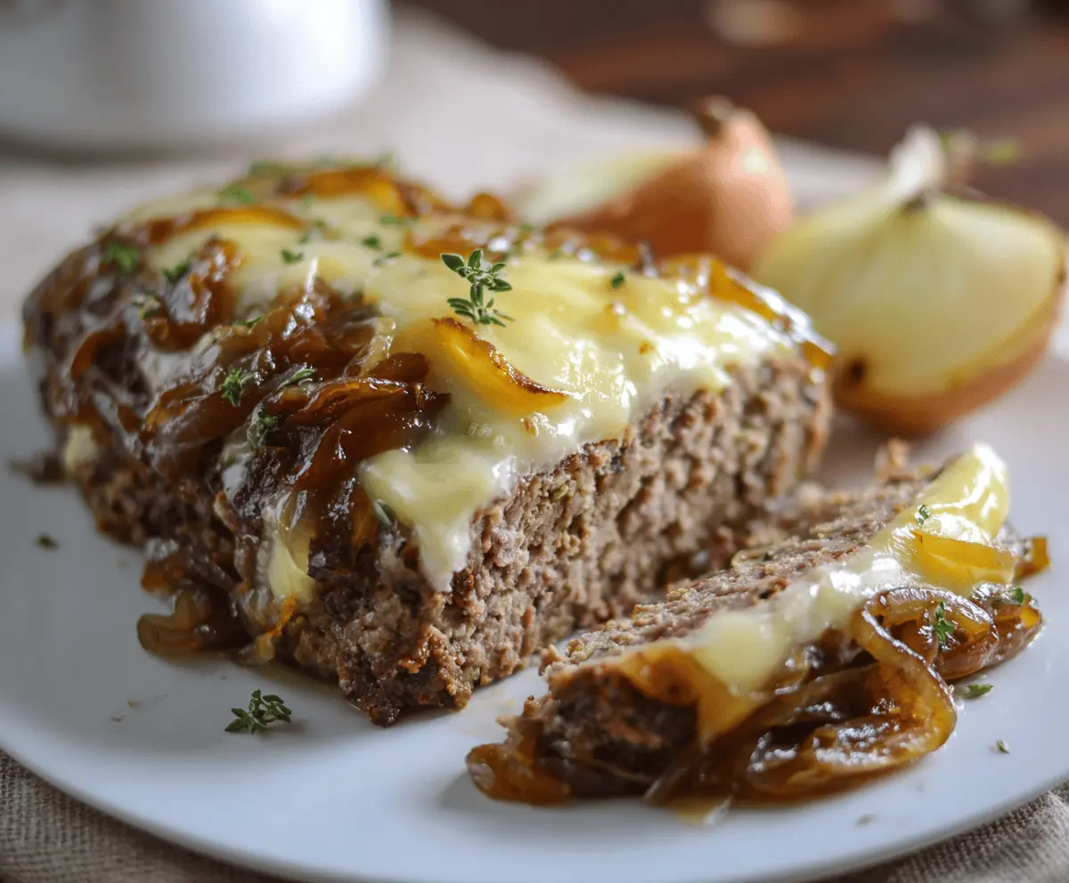 Crockpot French Onion Meatloaf topped with melted Swiss cheese, served with caramelized onions and herbs