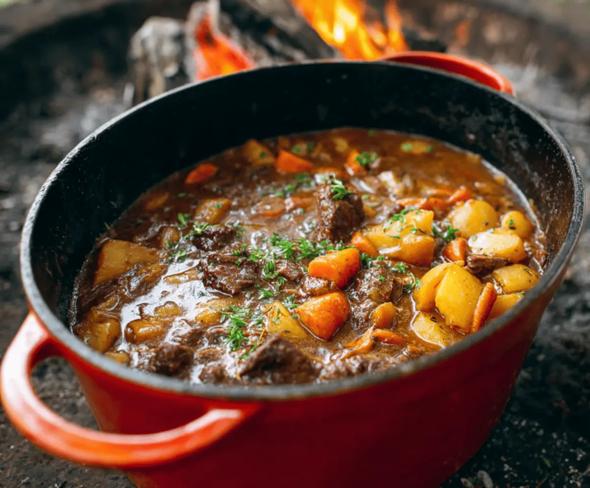 Hearty Dutch Oven Beef Stew with tender beef chunks, vegetables, and rich broth in a rustic pot