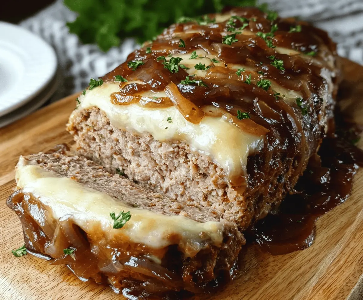 Savory French Onion Meatloaf topped with melted cheese and caramelized onions, served on a plate with fresh herbs