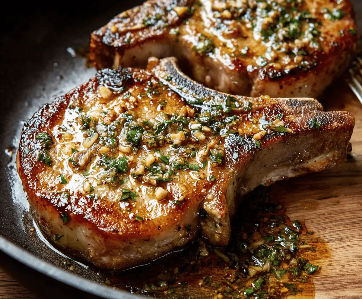 Juicy garlic butter pork chops garnished with fresh herbs served on a rustic plate, perfect for a flavorful dinner