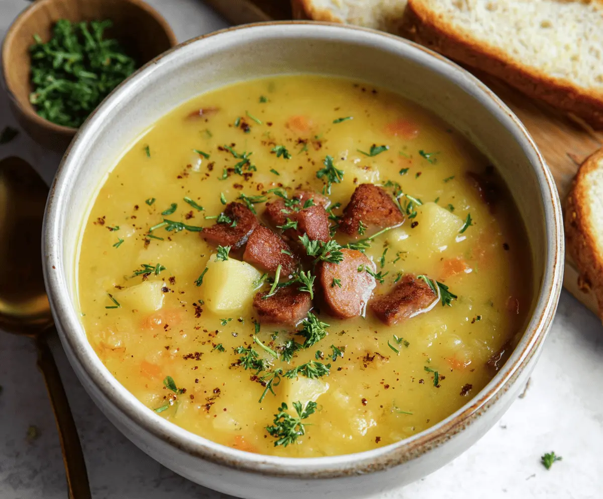 Creamy German Potato Soup in a bowl topped with fresh herbs and crispy bacon, served with rustic bread