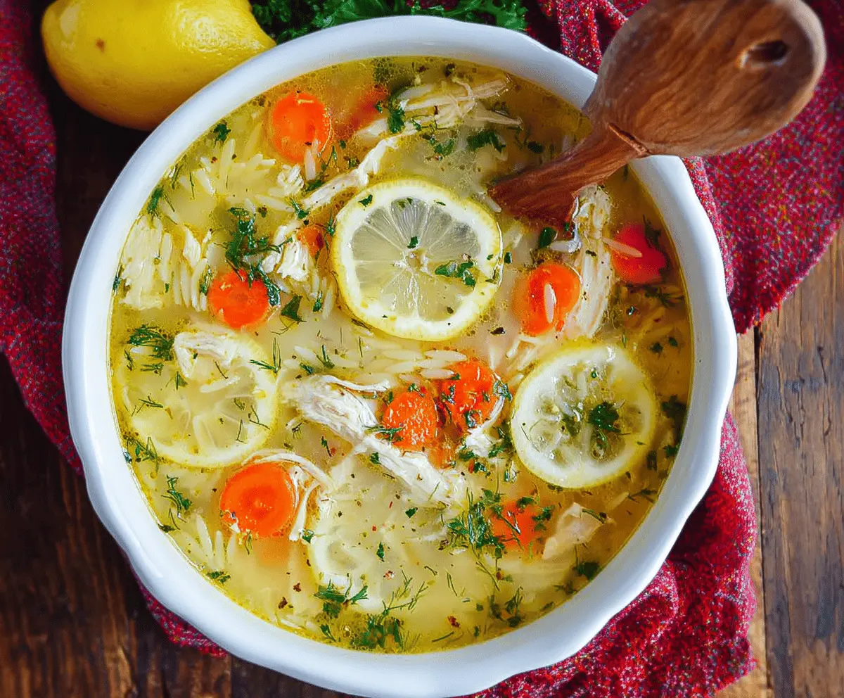 Creamy Greek Lemon Orzo Chicken Soup in a bowl garnished with fresh herbs and lemon slices, perfect for comforting meals