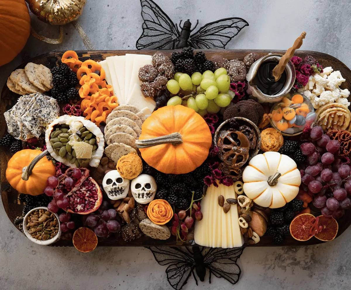 Colorful Halloween-themed charcuterie board featuring spooky shaped cheeses, assorted cured meats, Halloween-themed crackers, festive fruits, and decorative garnishes for a fun and spooky party appetizer.