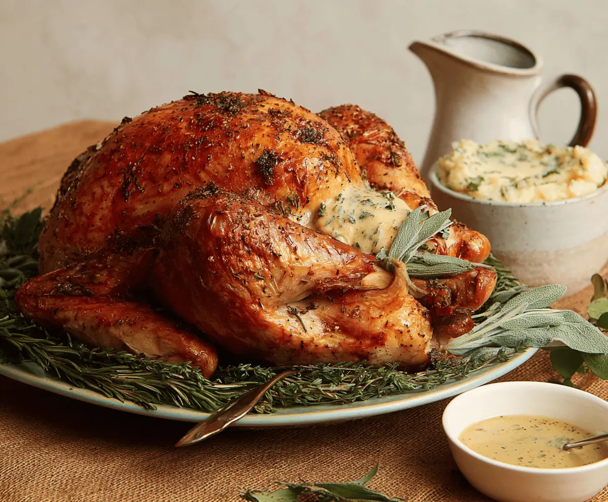 Juicy herb butter roasted turkey garnished with fresh herbs on a platter, perfect for holiday feasts