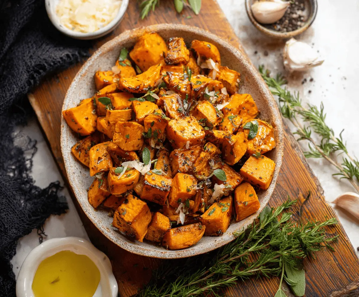 Golden roasted sweet potatoes seasoned with fresh herbs, perfect as a healthy side dish