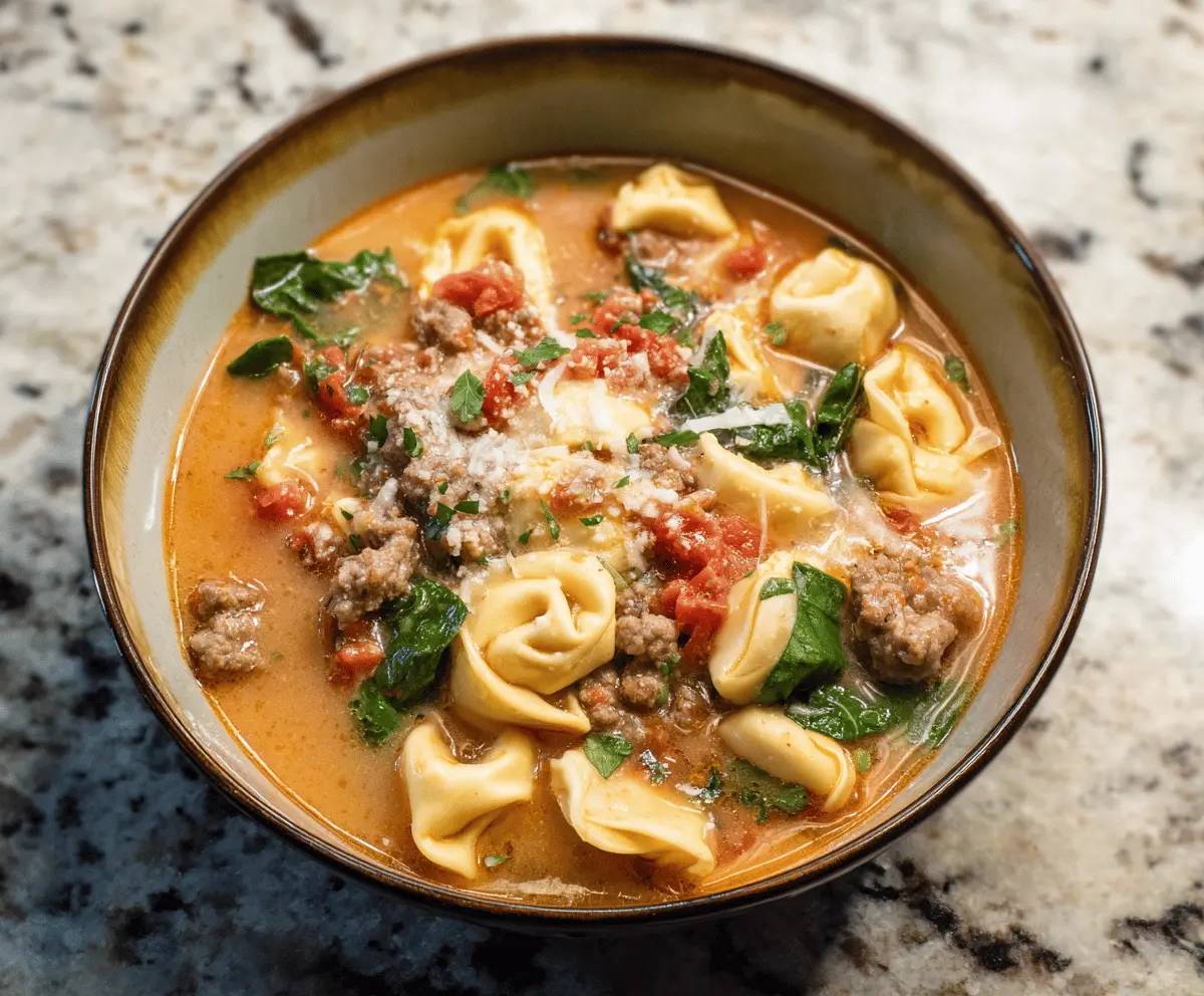 Creamy Italian Sausage Tortellini Soup with spinach and herbs in a bowl, perfect for a hearty, flavorful meal