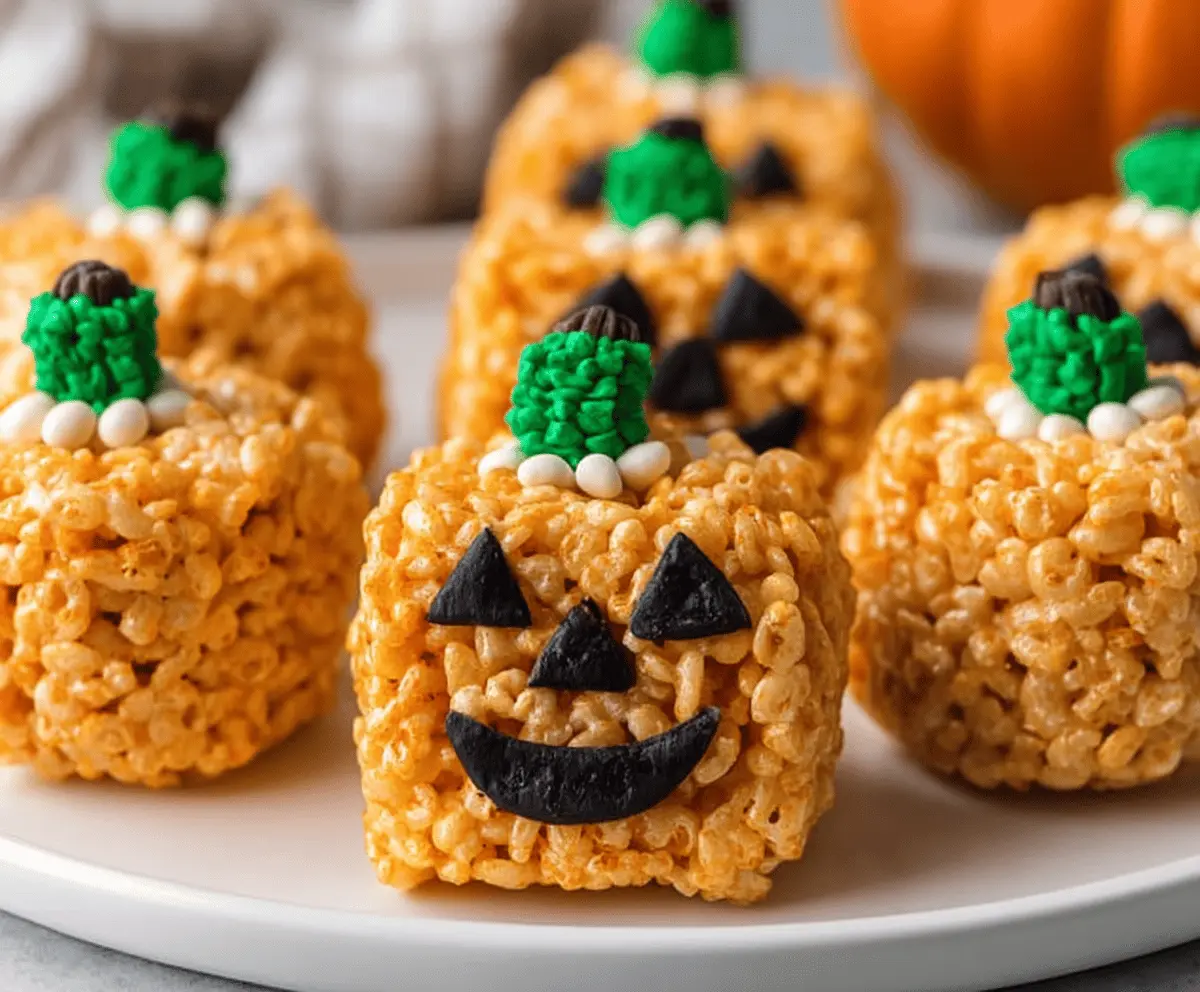 Decorative Jack O' Lantern Rice Krispie Treats perfect for Halloween parties, featuring orange-colored treats with spooky face designs on a festive platter.