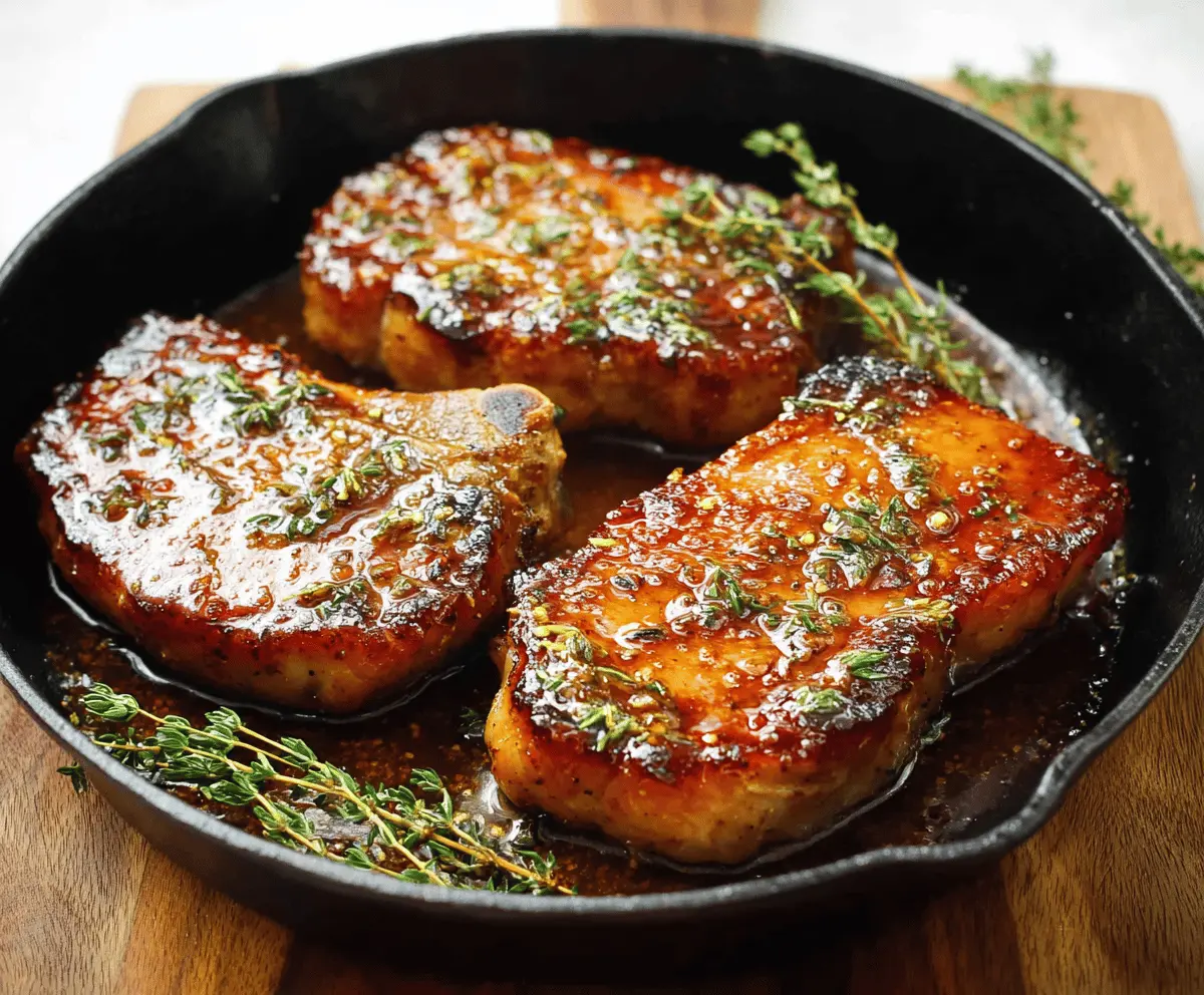 Juicy maple glazed pork chops topped with a shiny caramelized glaze on a plate with fresh herbs, perfect for a delicious dinner