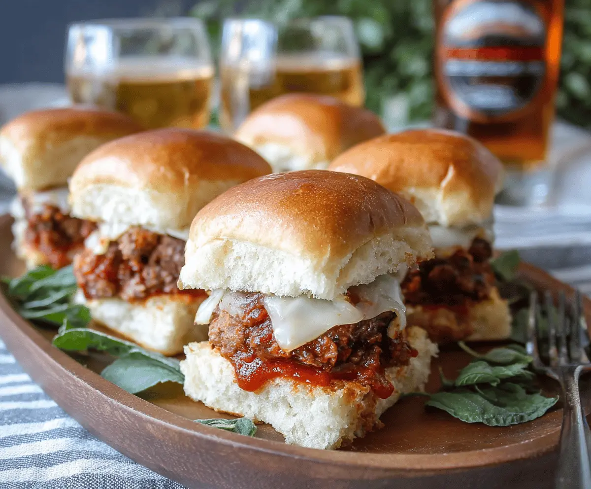 Delicious meatloaf sliders topped with melted cheese and fresh herbs on a serving platter, perfect for appetizers or dinner
