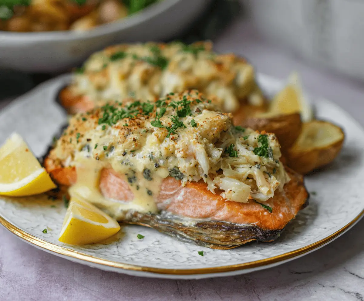 Delicious crab stuffed salmon topped with melted cheese and fresh herbs, served on a white plate for a flavorful seafood dinner