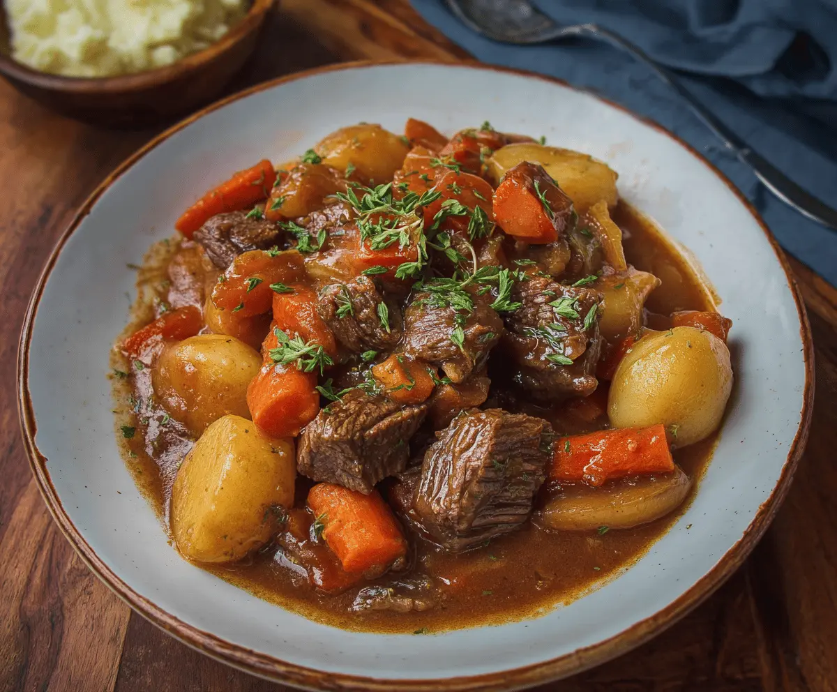 Hearty Mississippi Beef Stew with tender beef, potatoes, carrots, and celery in a savory broth served in a rustic bowl.