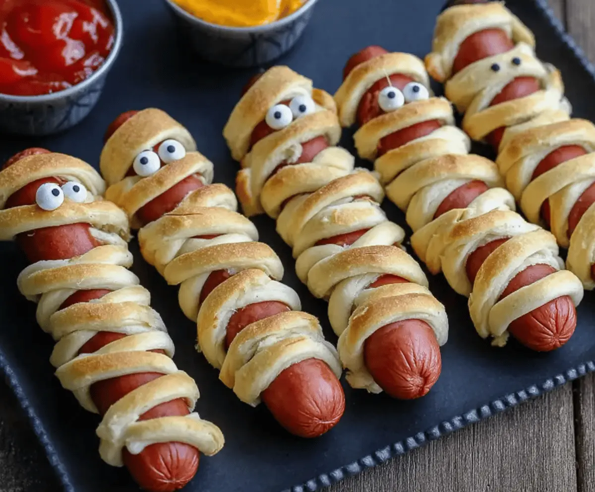 Creative mummy hot dogs wrapped in crescent roll dough with olive eyes, perfect for Halloween parties