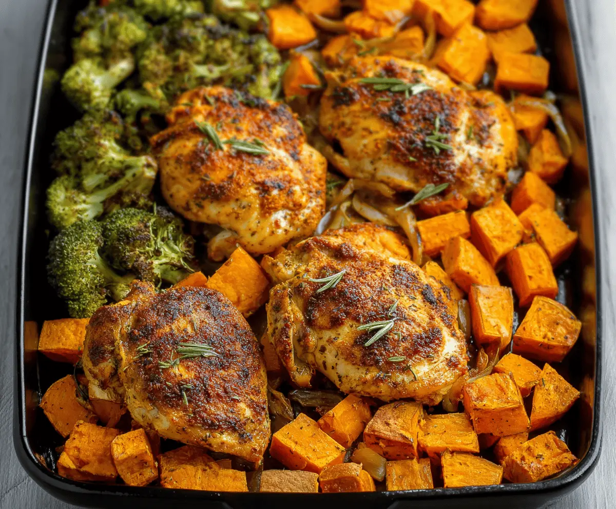 Delicious one-pan chicken with roasted sweet potatoes and fresh herbs, perfect for a healthy dinner meal.