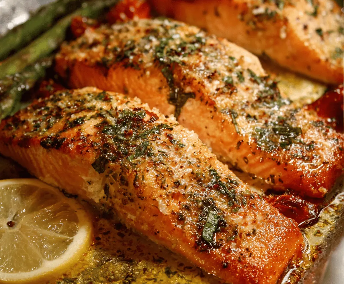 Delicious oven-roasted salmon fillet with golden crispy skin, garnished with fresh herbs on a baking sheet