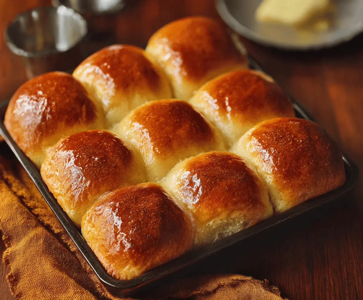 Freshly baked Parker House dinner rolls with a golden-brown crust, soft interior, and buttery finish, perfect for dinner or as a side bread