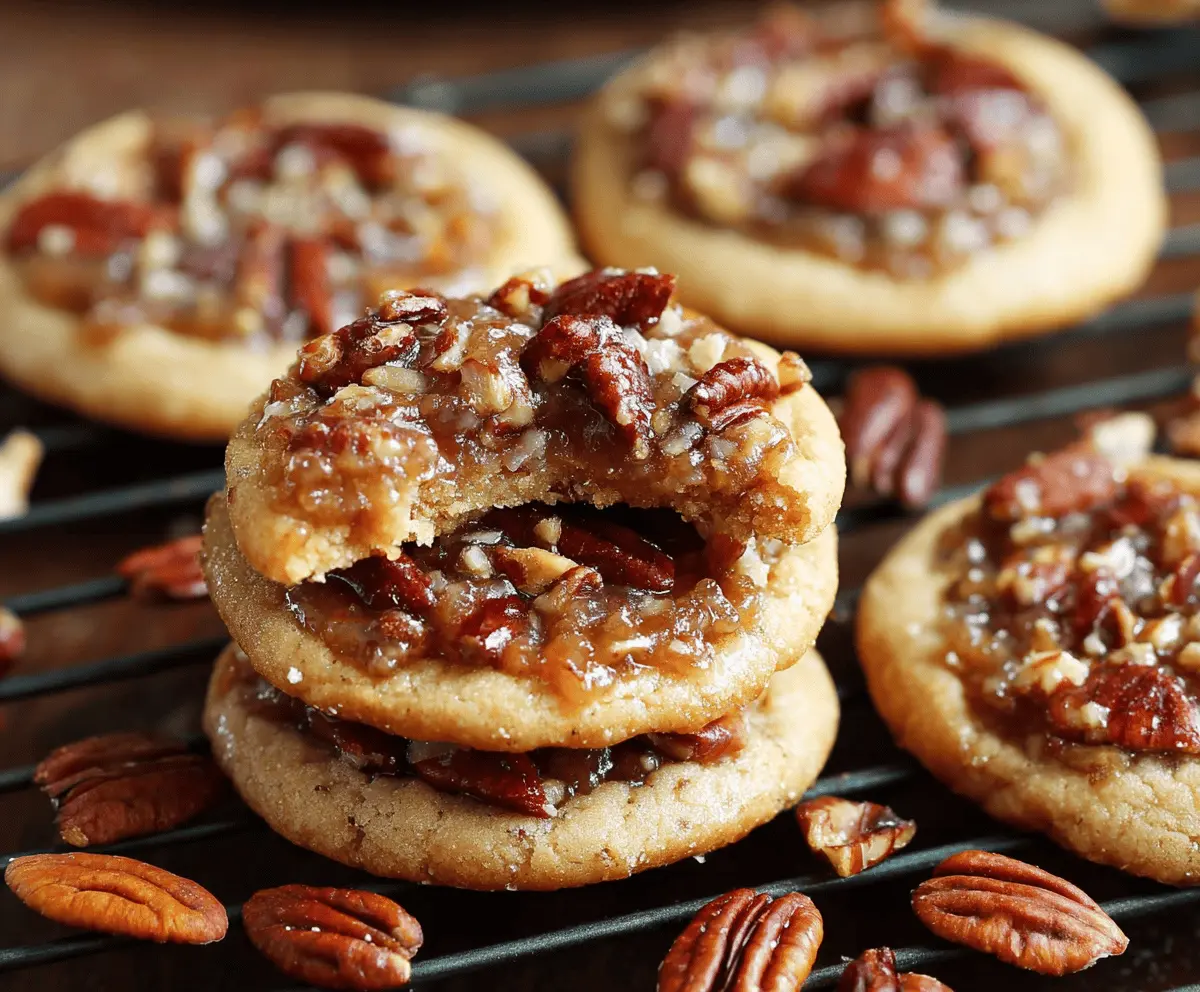 Delicious homemade pecan pie cookies with caramelized pecans and golden crust on a rustic wooden table