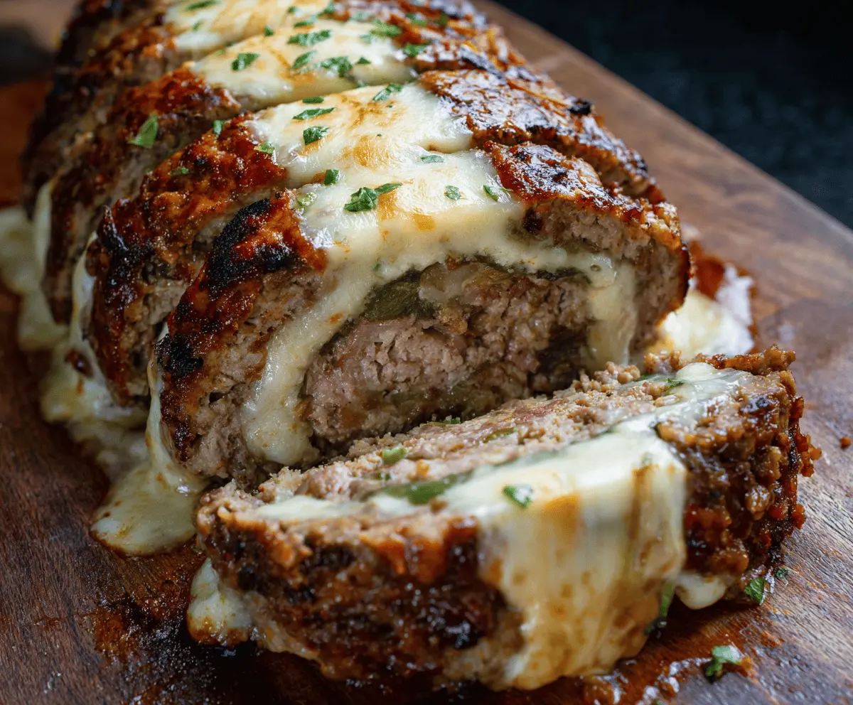 Juicy Philly Cheesesteak Meatloaf topped with melted cheese and sautéed onions, served sliced on a plate